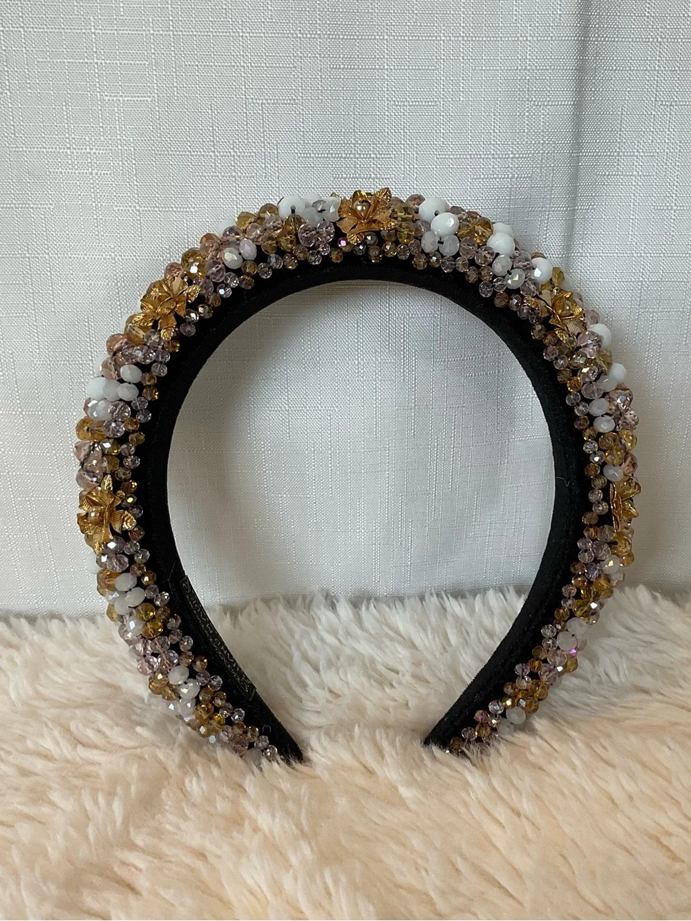 Beaded Black Headband with Gold Floral Accents